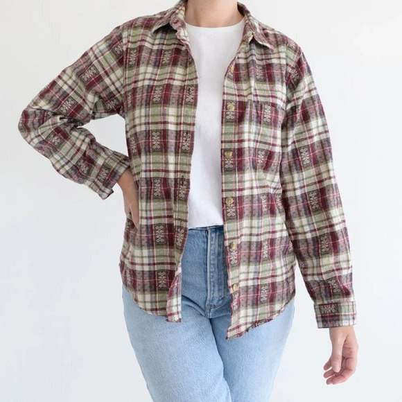 Vintage Classic Elements  Cream and Maroon Checker Button Up Long Sleeve Shirt M - Picture 1 of 13